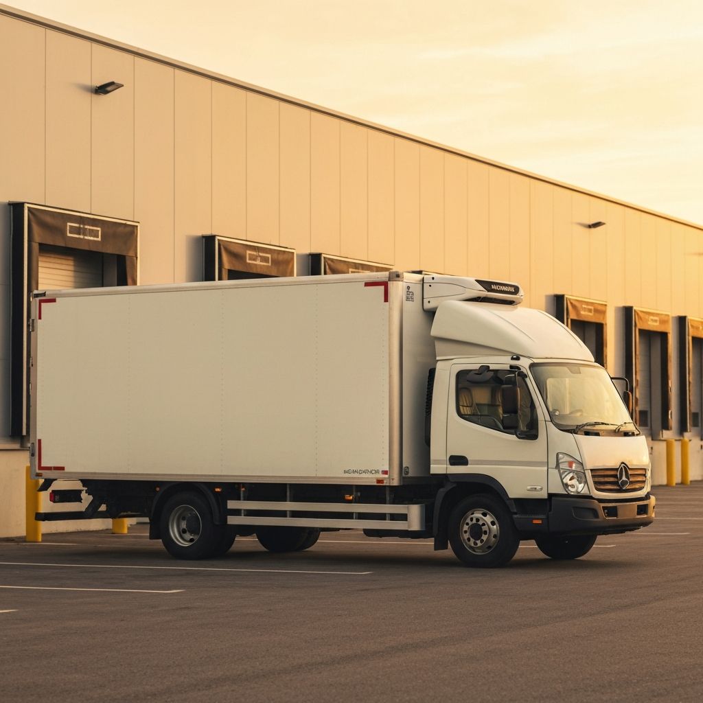 Refrigerated delivery truck at a distribution warehouse